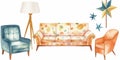 Watercolor illustration of furniture for living room: sofa, armchair, mirror etc. created with generative ai tools