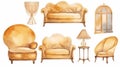 Watercolor illustration of furniture for living room: sofa, armchair, mirror etc. created with generative ai tools