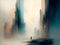 Watercolor illustration of a futuristic foggy city street. Ideal for sci-fi, urban, artistic concepts, combining the allure of