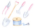 Watercolor illustration of gardening tools. Hand-painted pastel garden instruments.