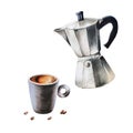Watercolor illustration geyser coffee maker with cup of espresso. Hand painting on a white isolated background. For