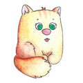 Watercolor illustration of a ginger cartoon kitten. Children`s birthday card.