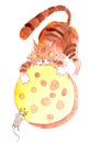 Watercolor illustration ginger cat and mouse eat one piece of delicious cheese