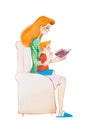 Watercolor illustration of ginger family. Young mother reading a book to her son sitting on her lap