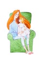 Watercolor illustration of ginger family. Young mother reading a book to her son sitting on her lap