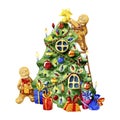 Watercolor illustration. Gingerbread mans decorate a christmas tree.