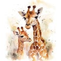 Watercolor Illustration giraffes on the lawn mom and her baby animals