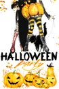 Watercolor illustration Girl witches and Halloween party Royalty Free Stock Photo