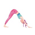 Watercolor illustration - a girl in yoga pose Downward Facing Dog.