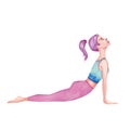 Watercolor illustration - a girl in yoga pose Upward Facing Dog. The Urdhva Mukha Shvanasana position. Practicing meditation and Royalty Free Stock Photo