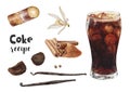 Watercolor illustration of a glass of cola and its ingredients, isolated on white background.