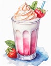 Watercolor illustration of glass of delicious milkshake. Tasty cold drink. Hand drawn art