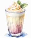 Watercolor illustration of glass of delicious milkshake. Tasty cold drink. Hand drawn art