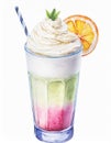 Watercolor illustration of glass of delicious milkshake. Tasty cold drink. Hand drawn art