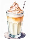 Watercolor illustration of glass of delicious milkshake. Tasty cold drink. Hand drawn art