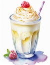 Watercolor illustration of glass of delicious milkshake. Tasty cold drink. Hand drawn art
