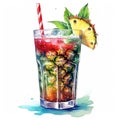 Watercolor illustration of a glass of fresh pineapple cocktail with a straw