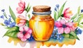 Watercolor illustration of glass honey jar with flowers and herbs.