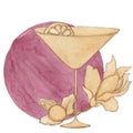 Watercolor illustration of a glass with lemon a flower in yellow on a burgundy background