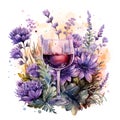 watercolor illustration glass of red wine with abstract purple wild flowers isolated on white background Royalty Free Stock Photo