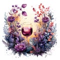 watercolor illustration glass of red wine with abstract purple wild flowers isolated on white background Royalty Free Stock Photo