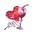 Watercolor illustration glass with red wine splash, heart diamond crystal in pink colored gemstone and key on ribbon, on Royalty Free Stock Photo