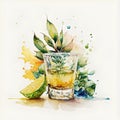 Watercolor illustration of a glass of tequila with lime and herbs