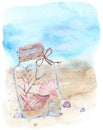 Watercolor illustration of a glass bottle with seashells and seaweed lying on the beach coast. Marine composition.