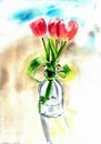 Watercolor illustration of glass vase with pink tulips