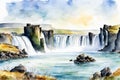 Watercolor illustration of Godafoss waterfall, Iceland, Europe Royalty Free Stock Photo