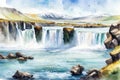 Watercolor illustration of Godafoss waterfall, Iceland, Europe Royalty Free Stock Photo
