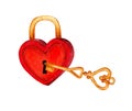 Watercolor illustration of a golden key opening a red heart shaped lock. Royalty Free Stock Photo