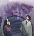 Watercolor illustration of Golgotha and myrrh-bearing women. Good Friday. Religious Watercolor painted Christian background