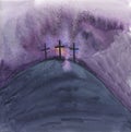 Watercolor illustration of Golgotha. Religious painted watercolor background, Good Friday