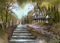 Watercolor illustration of a gothic gloomy mansion in a dark moonlit garden