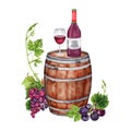 Watercolor illustration with grapes, wine glass, red wine bottle, corkscrew, barrel, grape leaves. Hand drawn isolated element. Royalty Free Stock Photo