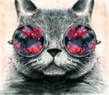 Watercolor illustration of a gray fluffy cat in round glasses