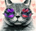 Watercolor illustration of a gray fluffy cat in round glasses
