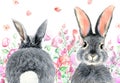 Watercolor illustration of a gray fluffy rabbit with a bright pink flowers Royalty Free Stock Photo