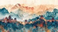 watercolor illustration of the Great Wall of China against the backdrop of a mountain range and forest Royalty Free Stock Photo