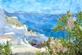 Watercolor illustration of Greek Island Santorini town names Ia