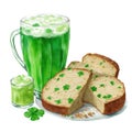 illustration, green beer and irish soda bread on a plate, St. Patricks day treats, isolated on a white background