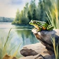 Frog sitting on rock on the banks of a lake on natural environment, watercolor illustration. Royalty Free Stock Photo