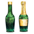 Watercolor illustration of a green glass bottle of champagne.Hand drawn champagne bottle Royalty Free Stock Photo