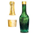 Watercolor illustration of a green glass bottle of champagne.Hand drawn champagne bottle Royalty Free Stock Photo