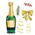 Watercolor illustration of a green glass bottle of champagne.Hand drawn champagne bottle Royalty Free Stock Photo