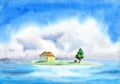 Watercolor illustration of a green island in the blue sea with a small yellow house