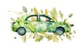 Watercolor illustration of green modern car amidst green foliage