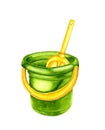 Green bucket with yellow scoop watercolor