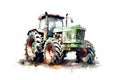 Watercolor illustration of green tractor with vibrant paint splatters on white background